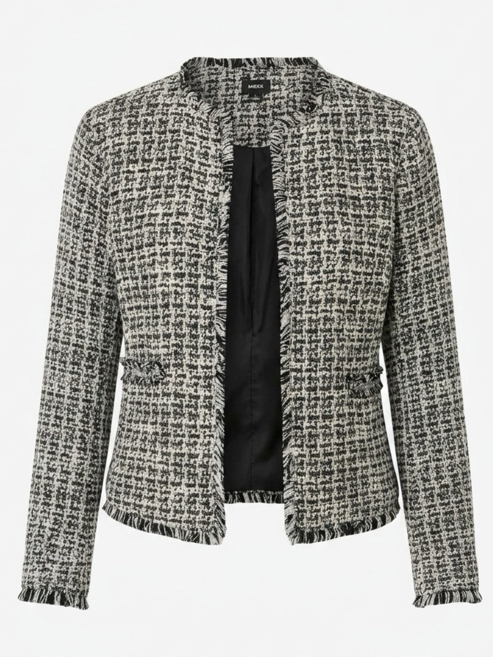 🍁MEXX Black and White Tweed Open Blazer with Fringe Trim